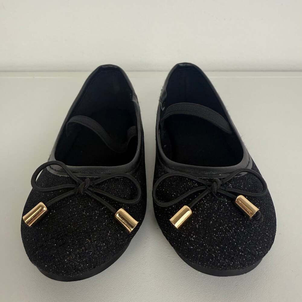 Toddler Girls Slip-On Ballet Christmas Holiday Black Glittery Bow Flat Shoes 6M - Picture 4 of 8